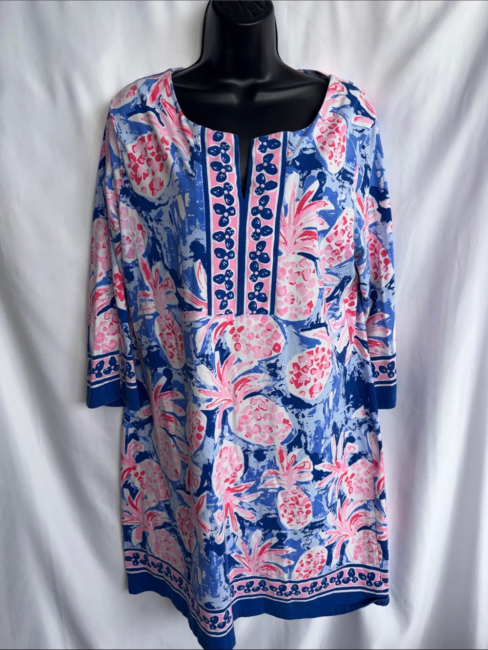 Barbara Erickson Floral Pink and Blue pineapple Dress, sz XL, 22” PTP, 38” L